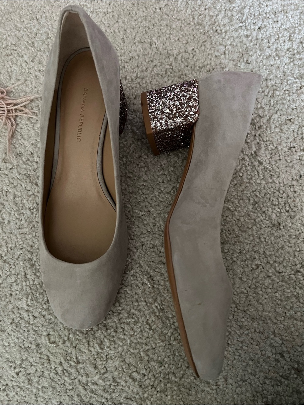 Banana Republic Taupe Suede Pumps with Glitter Block Heel
